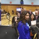 Suella Braverman speaks to the media after winning the Fareham and Waterlooville seat at Fareham Leisure Centre in the early hours of Friday, July 5. Picture: Sarah Standing (040724-6610)