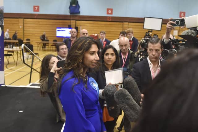 Suella Braverman speaks to the media after winning the Fareham and Waterlooville seat at Fareham Leisure Centre in the early hours of Friday, July 5. Picture: Sarah Standing (040724-6610)
