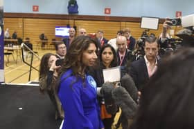 Suella Braverman speaks to the media after winning the Fareham and Waterlooville seat at Fareham Leisure Centre in the early hours of Friday, July 5. Picture: Sarah Standing (040724-6610)