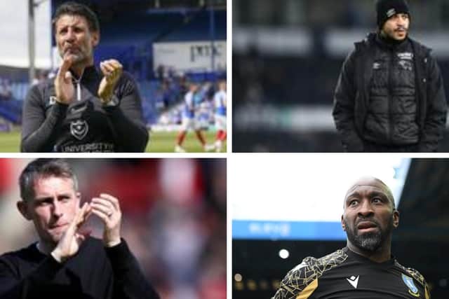 Clockwise (from top left) - Pompey boss Danny Cowley, Derby manager Liam Rosenior, Sheffield Wednesday manager Darren Moore and Ipswich Town boss Kieran McKenna