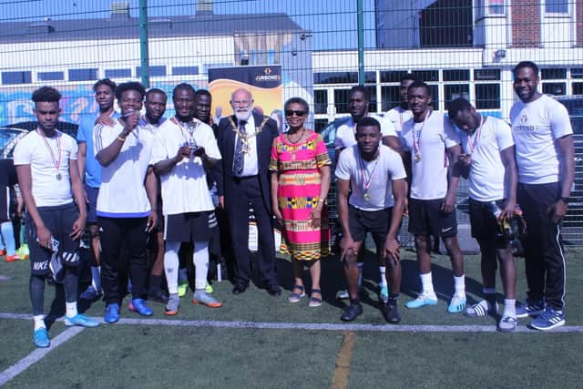 URBOND tournament winners Nigeria pictured with the Lord Mayor and Lady Mayoress of Portsmouth, Cllr Dr Hugh Mason and Miss Marie Costa.