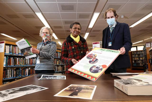 From left to right, Assistant library manager Jackie Painting, Marie Costa and archivist at Portsmouth History centre Dr John Stedman, at the lauch of Portsmouth Black History which is, 'a living history, not just for Black History Month.' They are pictured at Portsmouth History Centre, Central Library, PortsmouthPicture: Chris Moorhouse      (080321-23)