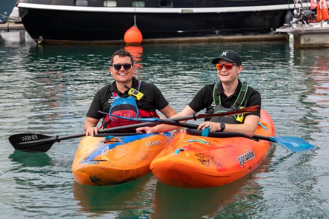 Nathan Cole, 27, and Alex Merrifield, 23, from Prime Paddling. Picture: Mike Cooter (040921)