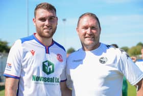 Harvey Bradbury with dad Lee prior to Gosport Borough's friendly with Eastleigh last weekend. Picture by Martyn White