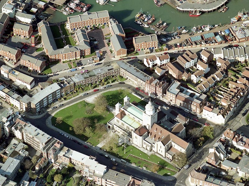 Aerial view of Portsmouth Cathedral, Old Portsmouth, in 1998.