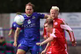 Tyler Moret (blue) hit a hat-trick as US Portsmouth Reserves defeated Totton & Eling 5-1 at the Victory Stadium on Tuesday. Picture: Chris Moorhouse