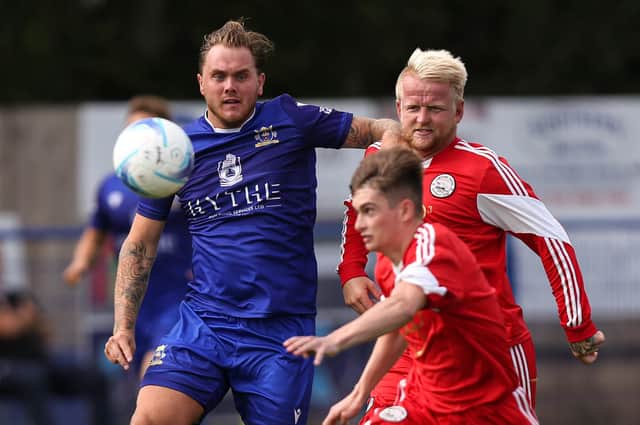 Tyler Moret (blue) hit a hat-trick as US Portsmouth Reserves defeated Totton & Eling 5-1 at the Victory Stadium on Tuesday. Picture: Chris Moorhouse