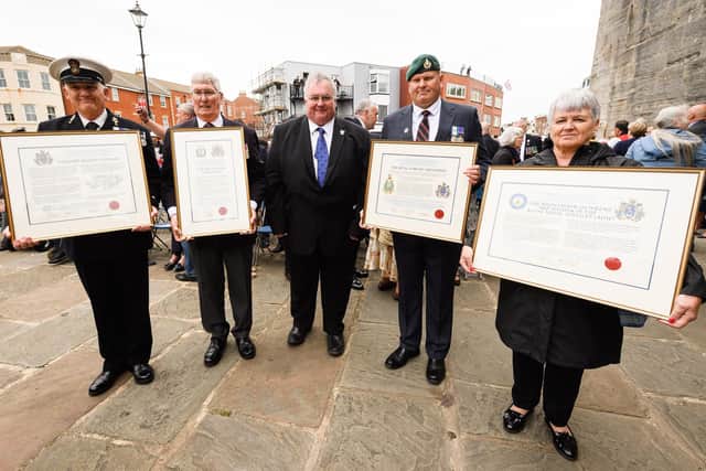 Pictured is: CPO Alan Ward, representing the South Atlantic Medal Association. Keith Ridley, chairman of the RNA. Roger Spink MLA and Falkland Island representative, Paul Deacon, RMA chairman. Lyn Gannon, trustee at the Association of Wrens
Picture: Keith Woodland (190621-312)