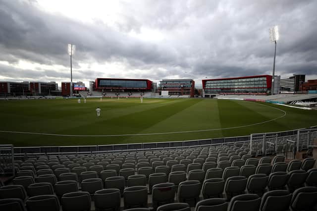 Empty seats at yesterday's LV= Insurance County Championship curtain-raiser between Sussex and Lancashire at Emirates Old Trafford. Cricket is one of the sports happy to accept Covid passports in order to welcome capacity crowds back quickly. Photo by Naomi Baker/Getty Images.