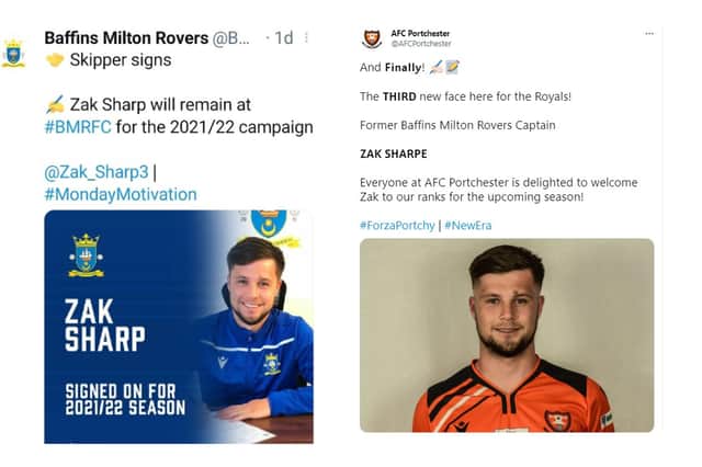 Zak Sharp signs for Baffins (left) in a Twitter post ... then, a few days later, he is unveiled as a new AFC Portchester signing on social media