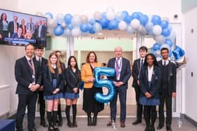 Castle View Academy students with principal Christian Down, United Learning's CEO Sir Jon Coles and United Learning's Director of Secondary Academies Dame Sally Coates.