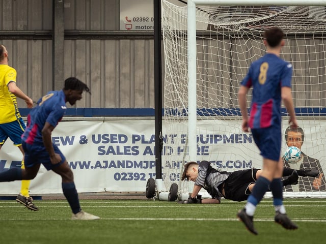 Prince Amoaterang scores US Portsmouth's second goal. Picture: Keith Woodland