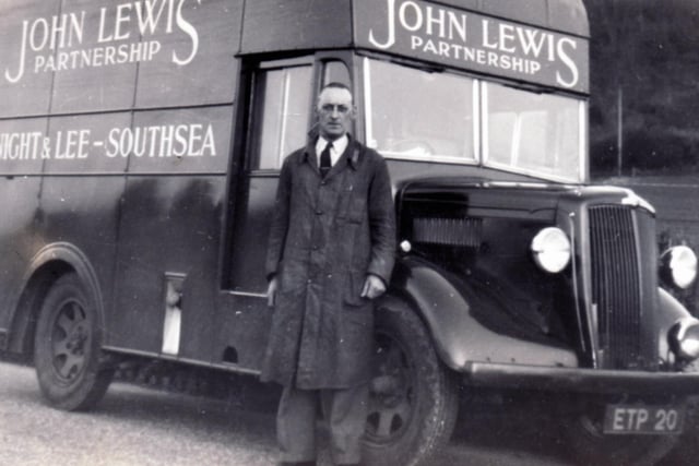 Sent into us by Malcolm Castleton of Milton, we see his late father Lawrence, who was a driver for the John Lewis partnership and their shop in Palmerston Road, Southsea called Knight  & lee at the time