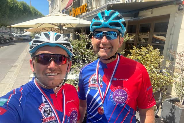 (From l to r) Barry Hodkin and Steve Barfoot cycled 400 miles over five days in the Paris to Hayling charity cycle ride in aid of NASS.