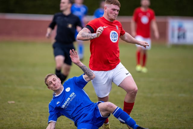 Action from Gosport Town's 4-0 victory over Lee Rangers (blue kit) in the Portsmouth & District FA Trophy final at Cams Alders. Picture: Alex Shute