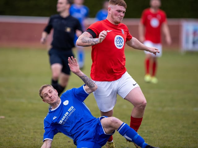 Action from Gosport Town's 4-0 victory over Lee Rangers (blue kit) in the Portsmouth & District FA Trophy final at Cams Alders. Picture: Alex Shute