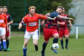 Shane Cornish, right, scored twice and was then sent-off in Paulsgrove's cup win over Stockbridge. Picture: Chris Moorhouse (100421-31)