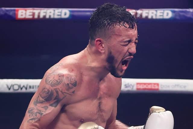 Portsmouth's Michael McKinson celebrates after defeating Chris Kongo to become WBO Global welterweight champion. Picture: Mark Robinson/Matchroom Boxing