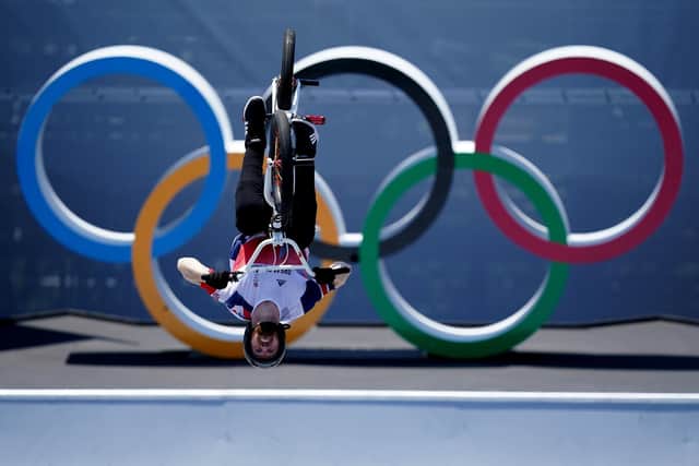 Great Britain's Declan Brooks during the Men's Cycling BMX Freestyle Final at the Ariake Urban Sports Park on the ninth day of the Tokyo 2020 Olympic Games in Japan. Picture date: Sunday August 1, 2021. PA Photo. See PA story OLYMPICS Cycling. Photo credit should read: Mike Egerton/PA Wire.
RESTRICTIONS: Use subject to restrictions. Editorial use only, no commercial use without prior consent from rights holder.
