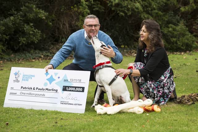 Patrick (61) and Paula (55) Morling won £1million on a scratchcard in 2018 thanks to their dog Ollie, who has now received life-saving surgery thanks to the win. Picture credit: James Robinson