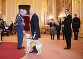 Stamp licks the King's hand while Ben Good receives his MBE. Picture: Yui Mok / PA