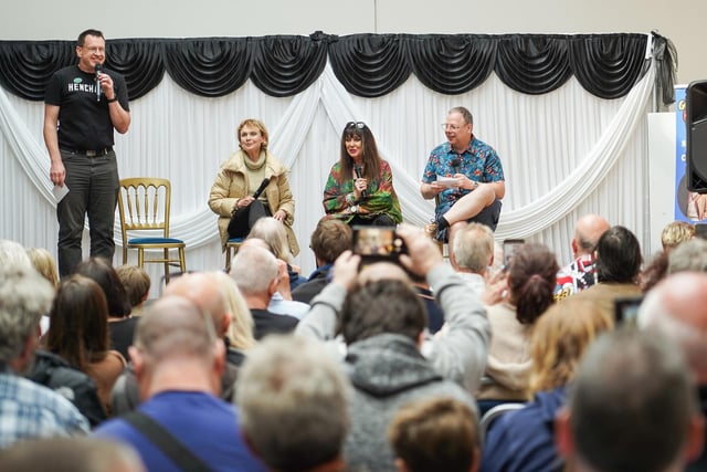 Two bond girls in the 70s speak on stage on Comic Con in Gosport. Pictured is: Madeline Smith and Caroline Munro. Picture: Alec Chapman