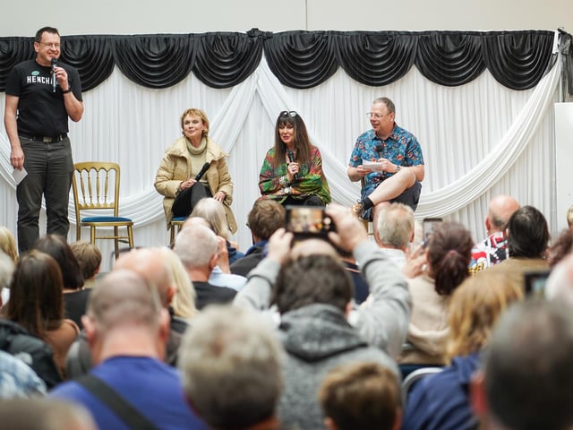 Two bond girls in the 70s speak on stage on Comic Con in Gosport. Pictured is: Madeline Smith and Caroline Munro. Picture: Alec Chapman