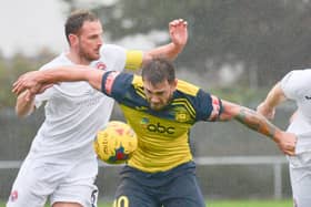 Goalscorer Martyn White in action during Moneyfields' FA Trophy loss to Truro City at Dover Road. Picture: Martyn White.
