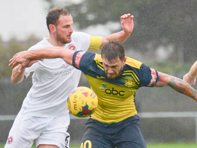 Goalscorer Martyn White in action during Moneyfields' FA Trophy loss to Truro City at Dover Road. Picture: Martyn White.