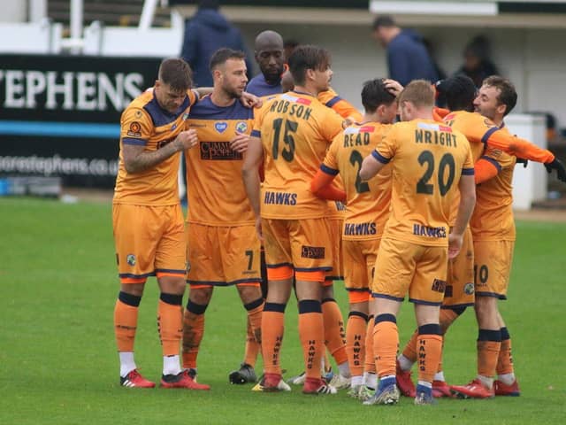 Hawks celebrate a goal during their 3-0 FA Cup fourth qualifying round win at Bath City last month. Picture by Kieron Louloudis.