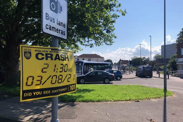 A police sign at the scene of a fatal crash in Winston Churchill Avenue, Portsmouth, in which a 55-year-old Southsea woman, a pedestrian, died on August 3. Picture: Richard Lemmer