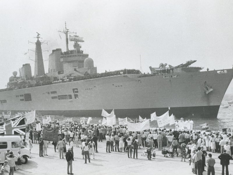 HMS Invincible getting a warm welcome back from the Falklands in 1982. The News PP4870