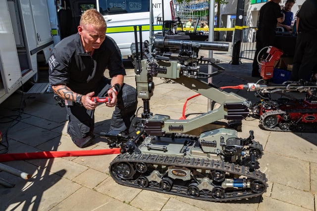 Dave Welch (Senior Explosives Officer at Ramora UK's 'G.H.O.S.T' service) demonstrates the ICP Avenger EOD (Explosive Ordnance Disposal) robot. Picture: Mike Cooter (240623)