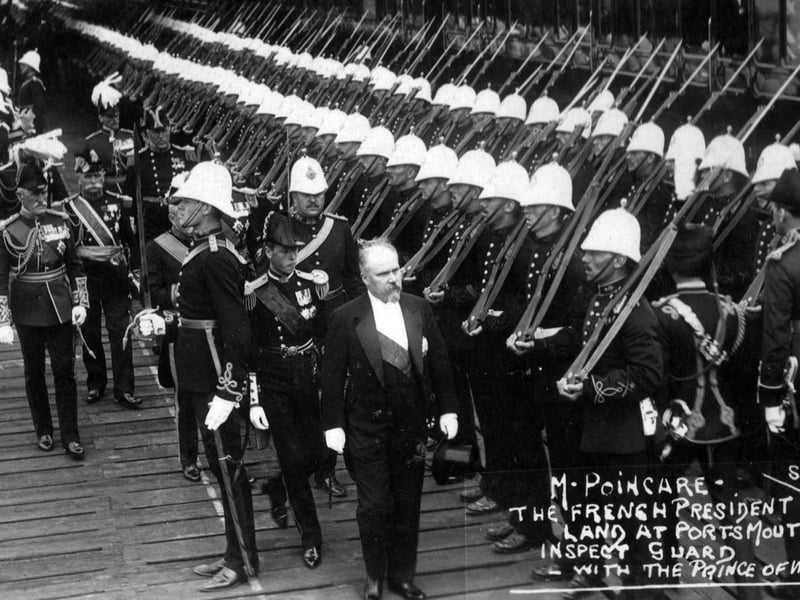 The 19-year old Prince of Wales escorts President M. Raymond Poincare along South Railway Jetty. Picture: S Cribb/Robert James postcard collection.