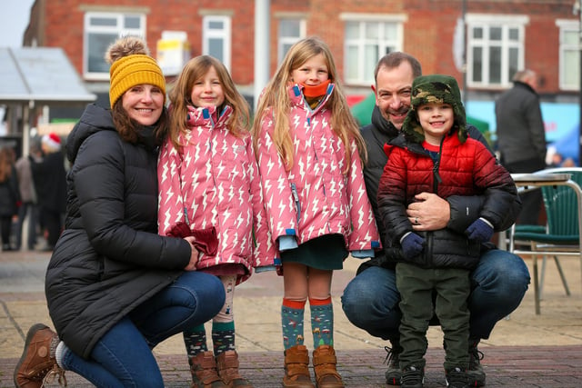 Grandparents Tracey and Paul Backshall with their grandchildren, from left, Arden, 6, Astrid, 7, and Forrest, 6. Waterlooville Christmas market 
Picture: Chris Moorhouse