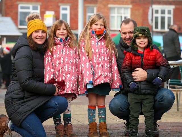 Grandparents Tracey and Paul Backshall with their grandchildren, from left, Arden, 6, Astrid, 7, and Forrest, 6. Waterlooville Christmas market 
Picture: Chris Moorhouse