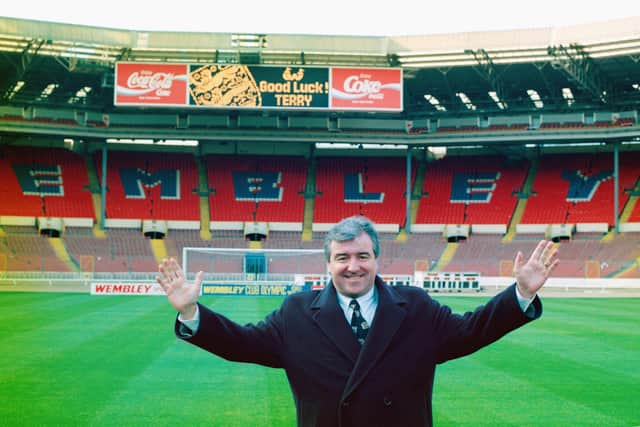 Terry Venables has died at the age of 80. 
Picture: Terry Venables is unveiled as the new England manager at Wembley Stadium on January 28, 1994 in London, England. (Photo by Mike Hewitt/Allsport UK/Getty Images)