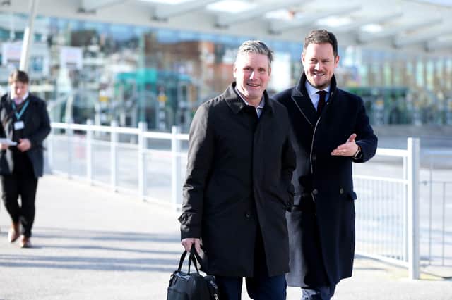 Labour leadership contender Sir Keir Starmer arrives at The Hard, Portsa, where he was met by Portsmouth South MP, Stephen Morgan, right. Picture: Chris Moorhouse