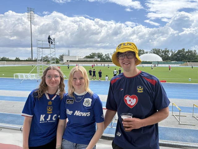 Kymberly Gooding, aged 16 from Locks Heath, Isabelle Gooding aged 15 from Locks Heath, and Josh Scott, aged 20 from Paulsgrove at Pompey's open training session at the X-Bionic Sphere Sports Centre in Šamorín, Slovakia.