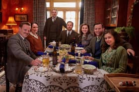 L-R, Tristan (Callum Woodhouse), Mrs Hall  (Anna Madeley), Richard Alderson (Tony Pitts), Siegfried (Samuel West), Jenny (Imogen Clawson), James (Nicholas Ralph), and Helen (Rachel Shenton) in the All Creatures Great and Small Christmas Special 2024. Picture: Helen Williams/Channel 5/Playground