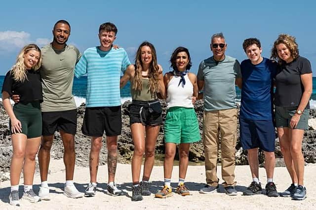 The celebs at the start line for the latest series of Celebrity Race Across the World. From left, Molly Rainford and partner Tyler West; Roman Kemp and sister Harleymoon; Anita Rani and dad Bal; and Dylan Llewellyn and his mum Jackie (Picture: BBC)