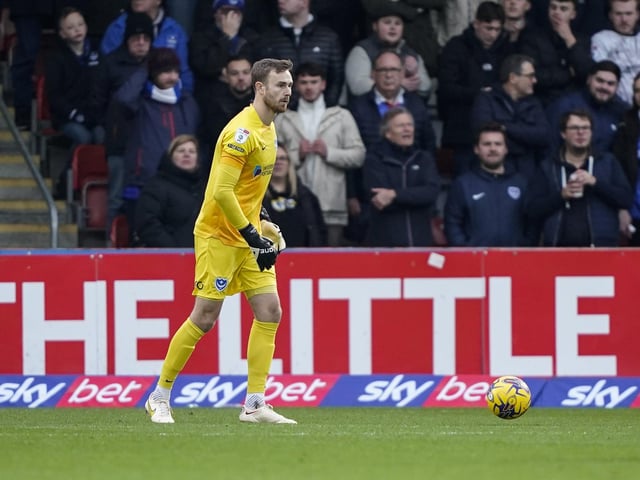 Pompey keeper Will Norris with the Pompey fans behind him at Whaddon Road.