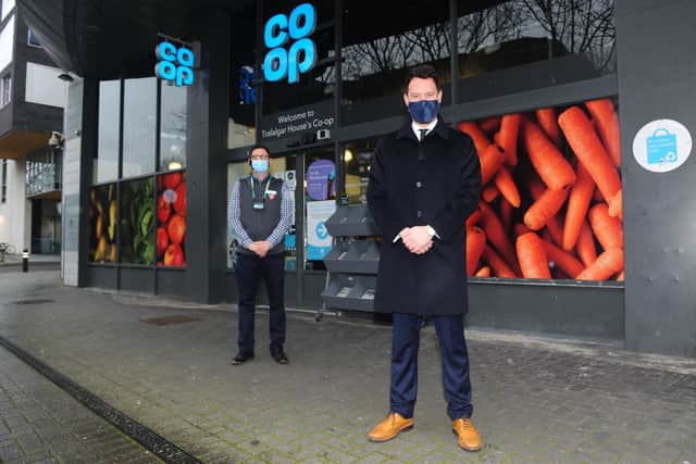 Store manager Daniel Hibbs, left, and Stephen Morgan MP.
Picture: Sarah Standing (201120-8854)