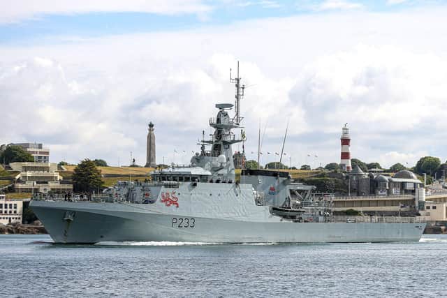 Pictures taken as HMS Tamar sailed up the River Tamar to raise her White Ensign. Photo: PO Phot Joel Rouse
