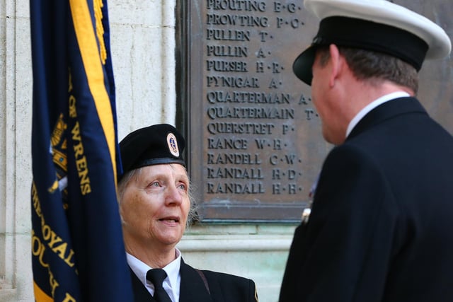 Gail Foster of the Association of Wrens chats with Cdre John Voyce, commanding office of HMNB Portsmouth, after the service. Armistice Day Service, World War I Cenotaph, Guildhall Square, Portsmouth
Picture: Chris Moorhouse (jpns 111123-31)