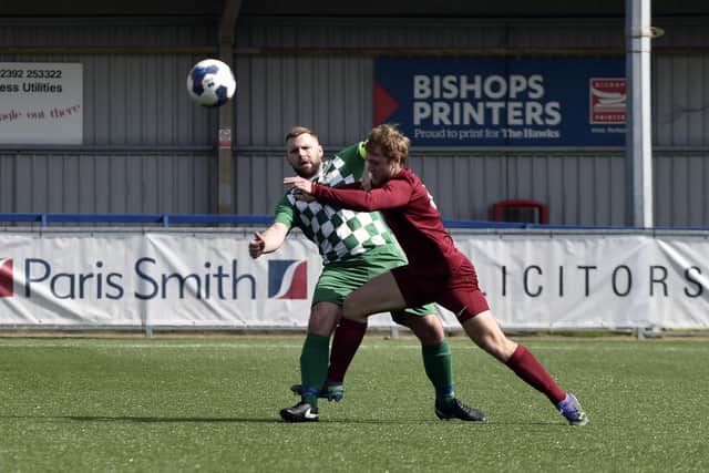 James Gurney (green/white) in action during Mob's 3-1 Mid-Solent League win against Burrfields at Westleigh Park. Picture: Allan Hutchings