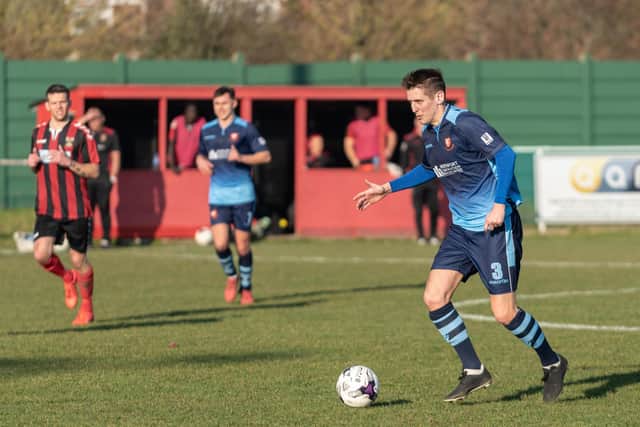 New Locks Heath joint-manager Ben Buckland on the ball for AFC Portchester against Fareham in the Wessex League. Picture: Vernon Nash