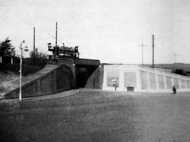 Southwick Hill Road bridge. The junction of Southwick Hill Road and London Road with tram passing over the bridge. Not a traffic light to be seen. Picture: Courtesy of G.A. Tucker