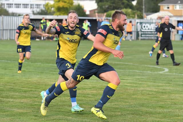 Steve Hutchings wheels away after scoring his second in the FA Vase win against AFC Portchester. 
Picture: Neil Marshall