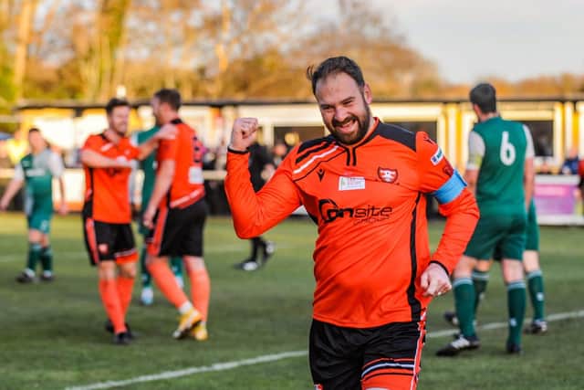 Brett Pitman celebrates his first goal against Blackfield & Langley. Picture by Daniel Haswell.